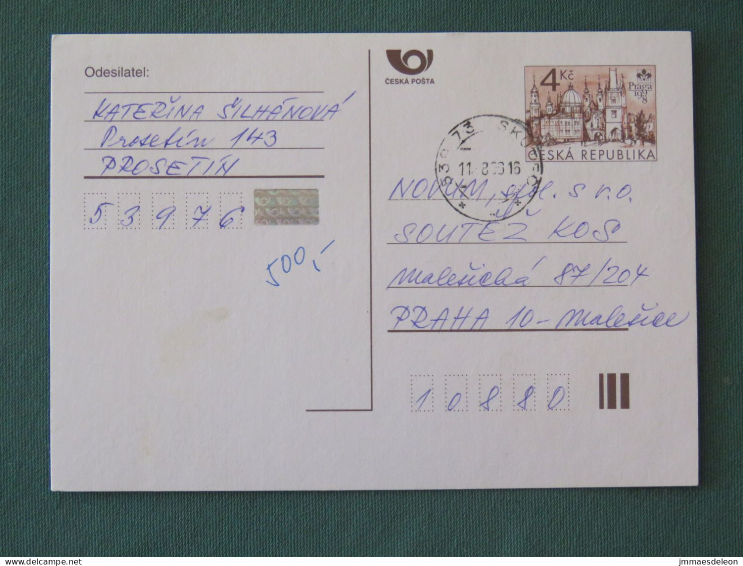 Czech Republic 1999 Stationery Postcard 4 Kcs "Prague 1998" Sent Locally - Storia Postale