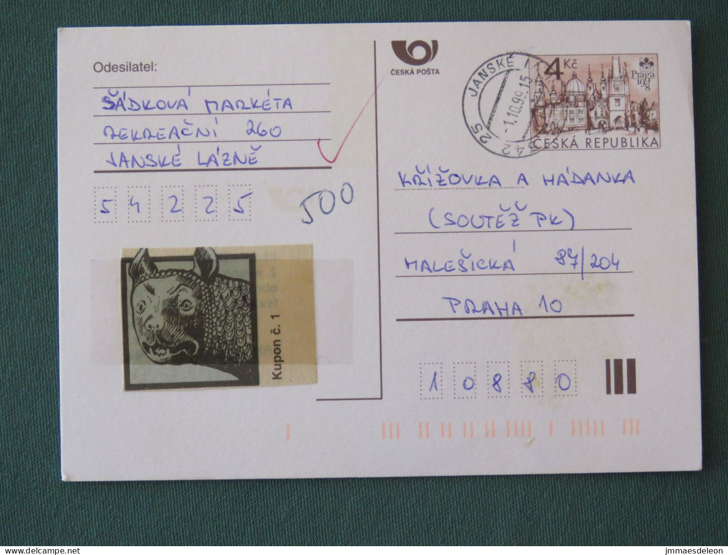 Czech Republic 1999 Stationery Postcard 4 Kcs "Prague 1998" Sent Locally - Covers & Documents