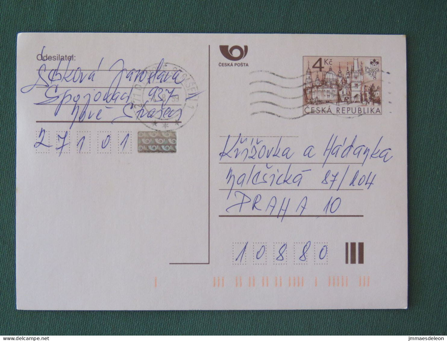 Czech Republic 1999 Stationery Postcard 4 Kcs "Prague 1998" Sent Locally - Briefe U. Dokumente