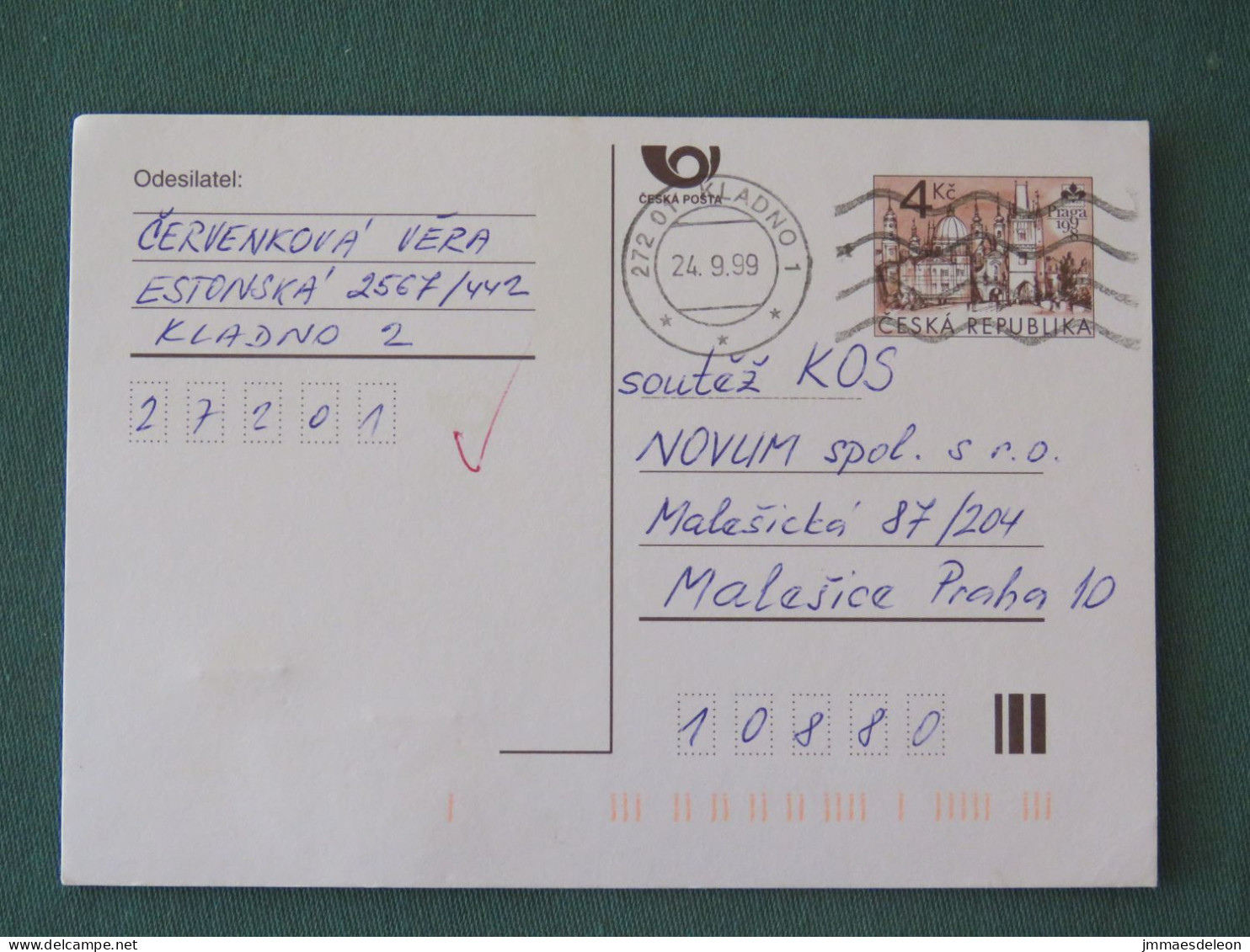 Czech Republic 1999 Stationery Postcard 4 Kcs "Prague 1998" Sent Locally - Lettres & Documents