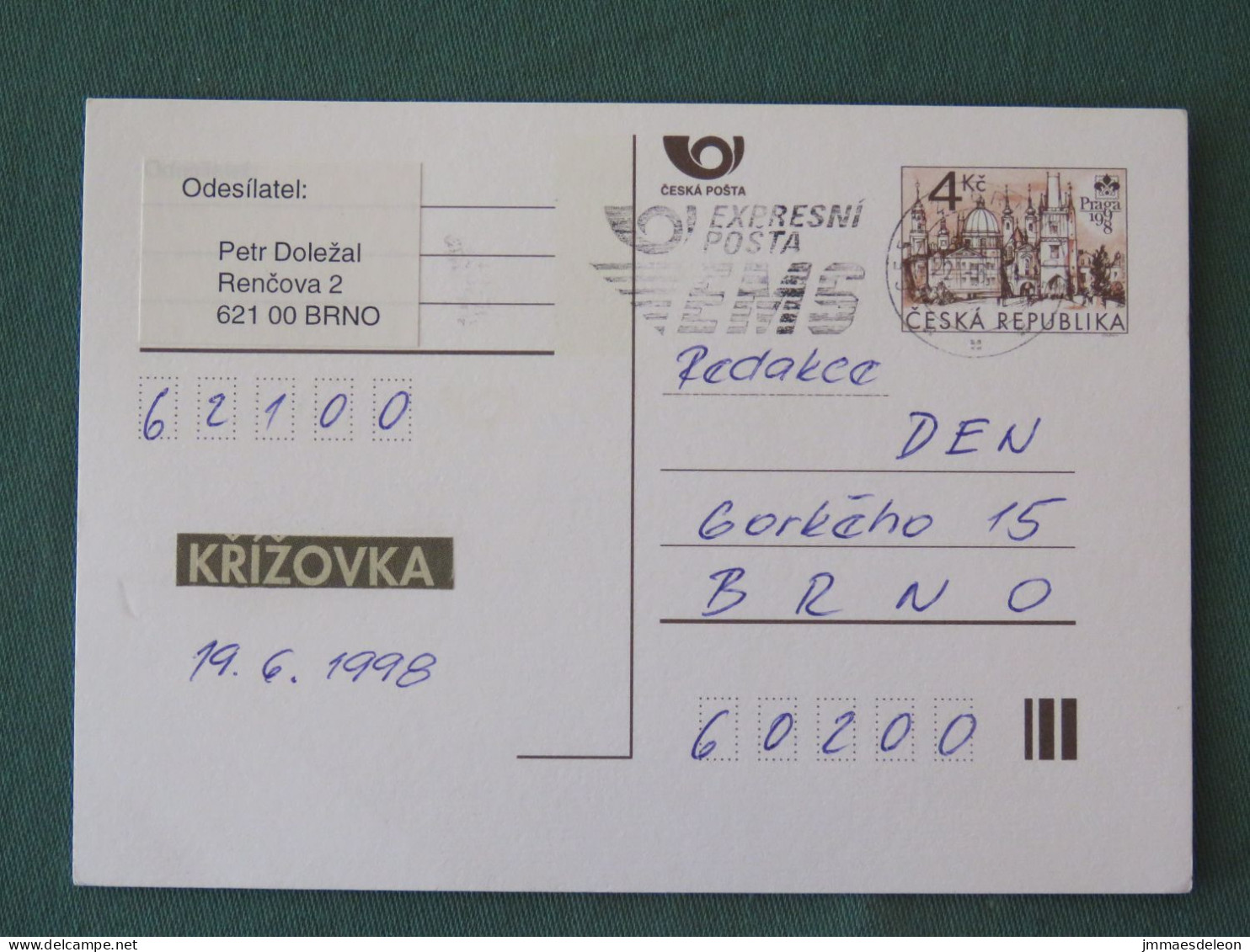 Czech Republic 1998 Stationery Postcard 4 Kcs "Prague 1998" Sent Locally From Brno, EMS Slogan - Lettres & Documents