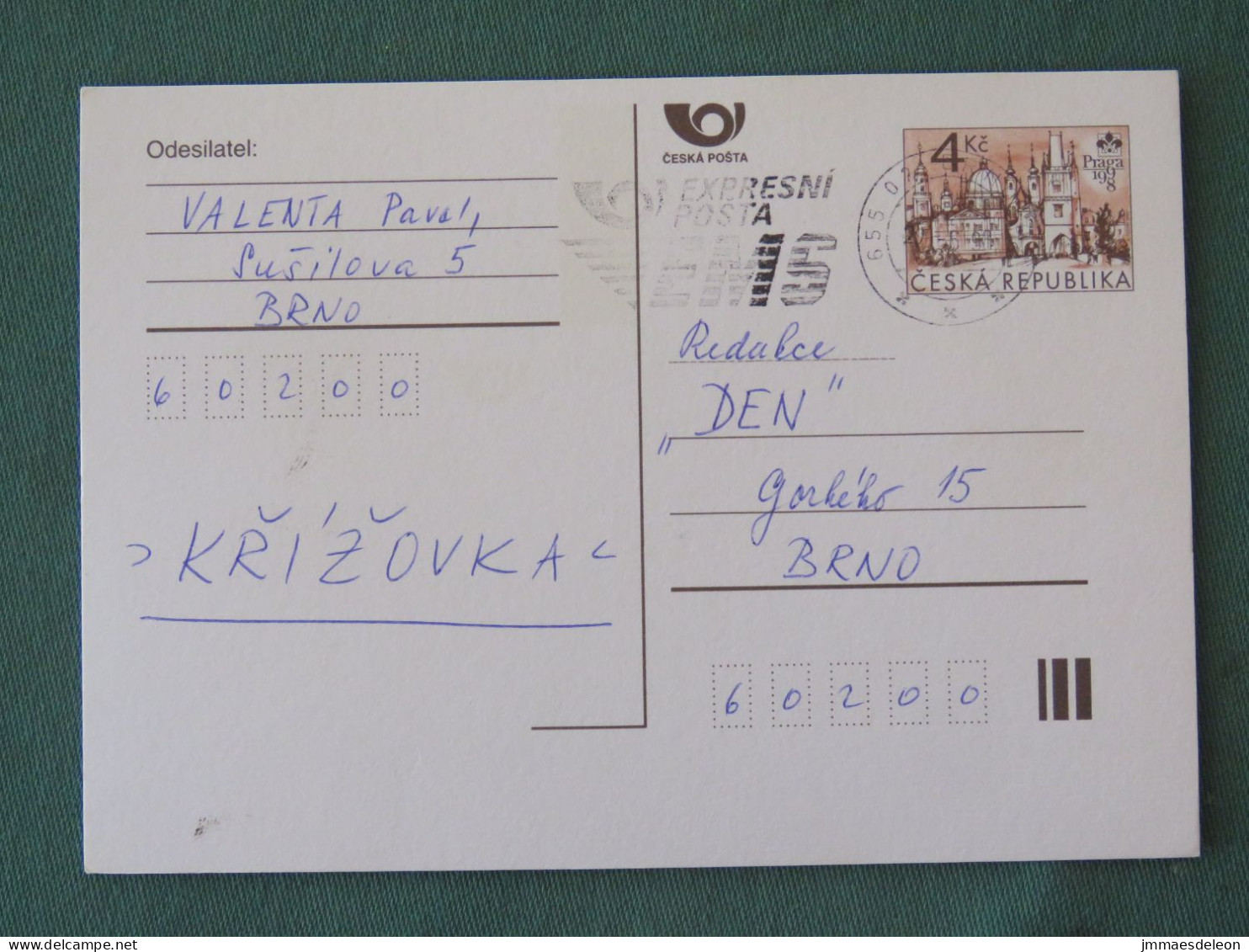 Czech Republic 1998 Stationery Postcard 4 Kcs "Prague 1998" Sent Locally From Brno, EMS Slogan - Storia Postale