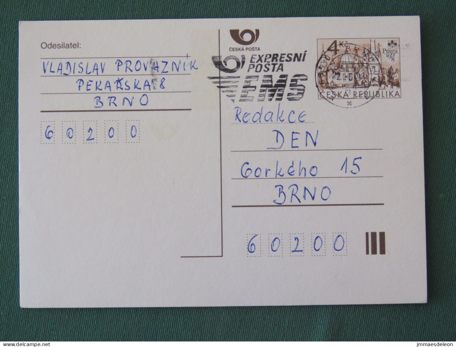 Czech Republic 1998 Stationery Postcard 4 Kcs "Prague 1998" Sent Locally From Brno, EMS Slogan - Storia Postale