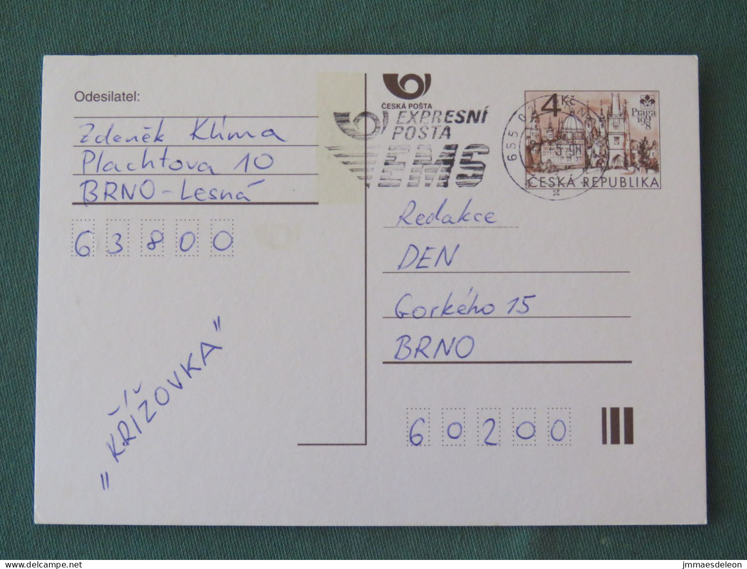 Czech Republic 1998 Stationery Postcard 4 Kcs "Prague 1998" Sent Locally From Brno, EMS Slogan - Lettres & Documents