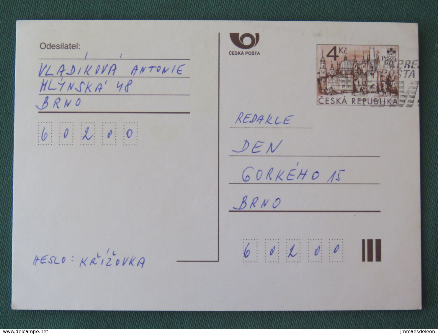 Czech Republic 1998 Stationery Postcard 4 Kcs "Prague 1998" Sent Locally From Brno, EMS Slogan - Covers & Documents