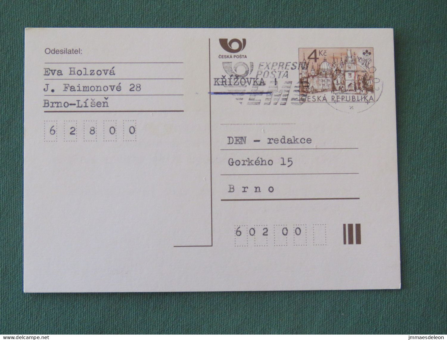 Czech Republic 1998 Stationery Postcard 4 Kcs "Prague 1998" Sent Locally From Brno, EMS Slogan - Lettres & Documents