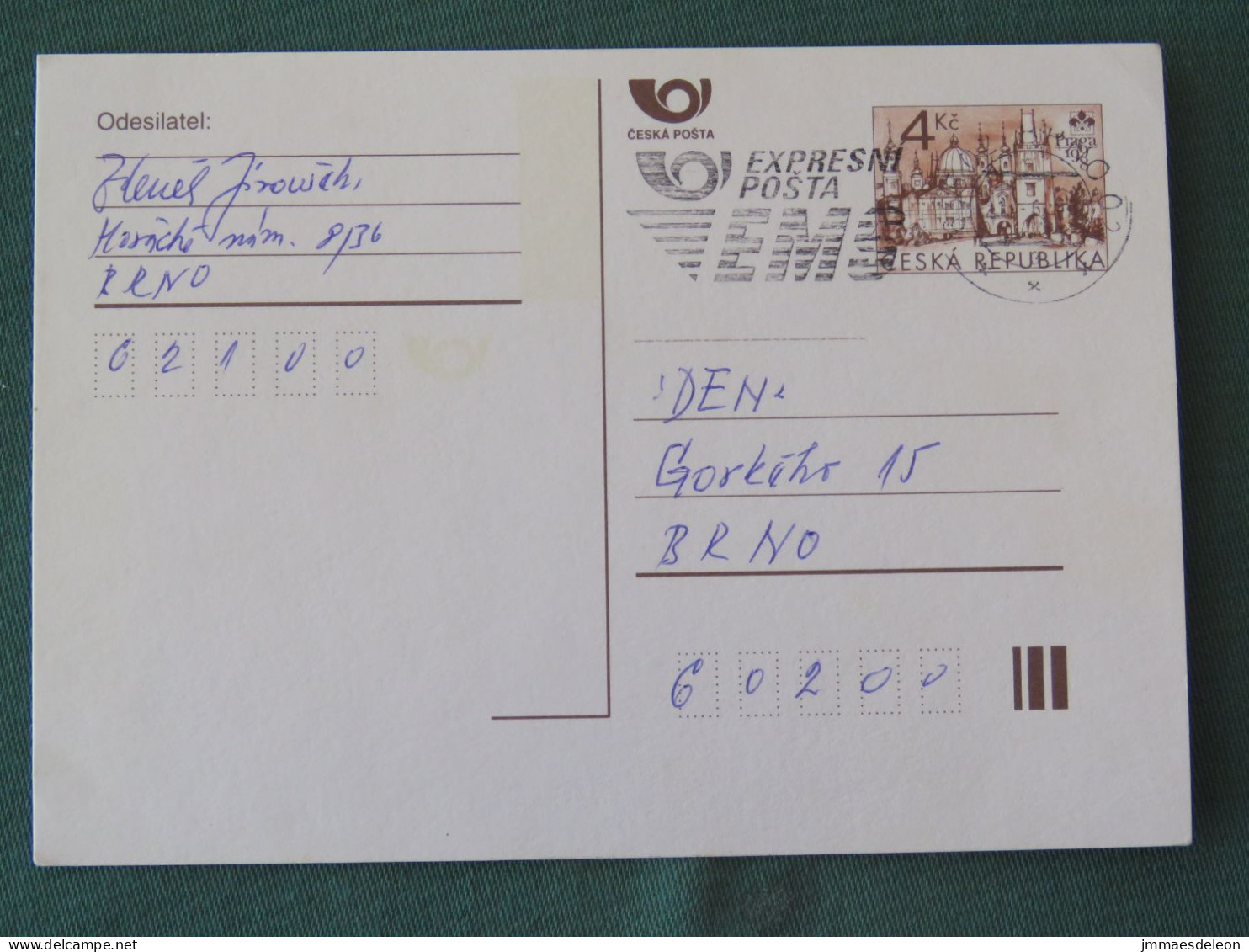 Czech Republic 1998 Stationery Postcard 4 Kcs "Prague 1998" Sent Locally From Brno, EMS Slogan - Lettres & Documents