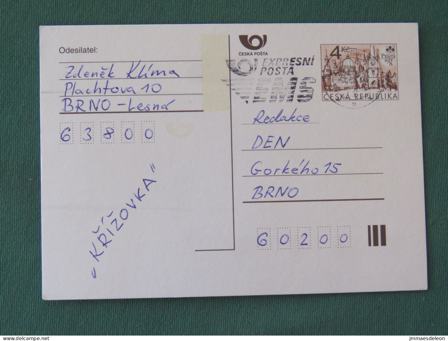 Czech Republic 1998 Stationery Postcard 4 Kcs "Prague 1998" Sent Locally From Brno, EMS Slogan - Covers & Documents