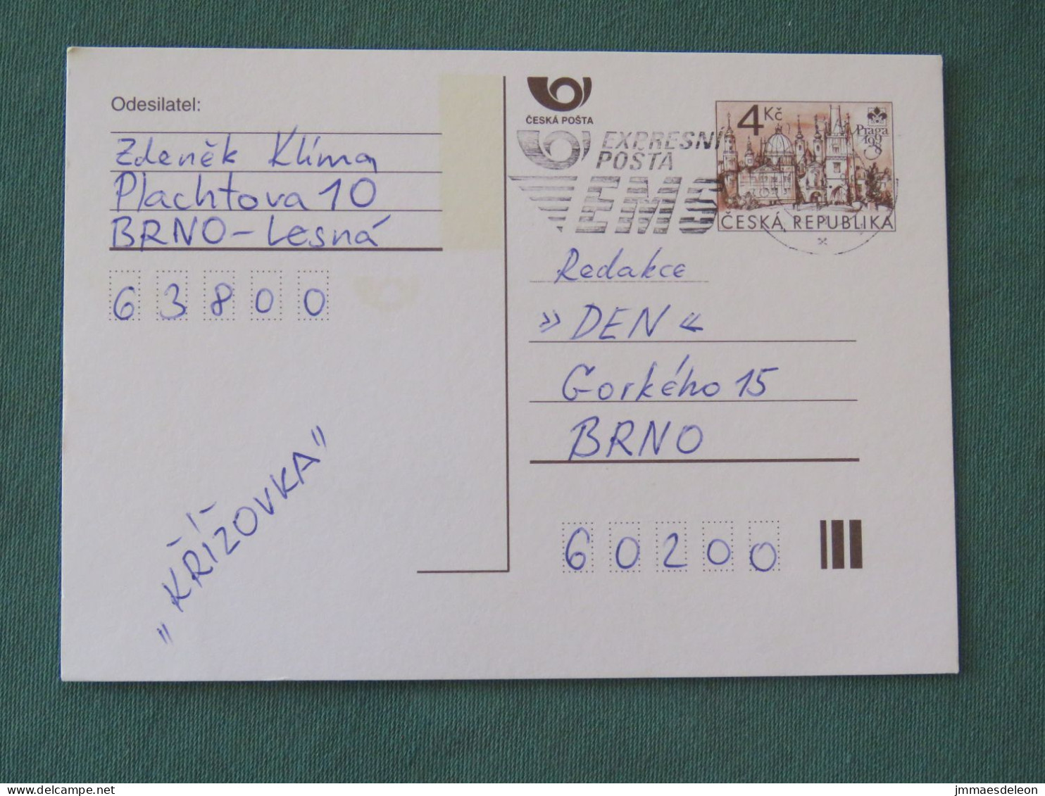 Czech Republic 1998 Stationery Postcard 4 Kcs "Prague 1998" Sent Locally From Brno, EMS Slogan - Lettres & Documents