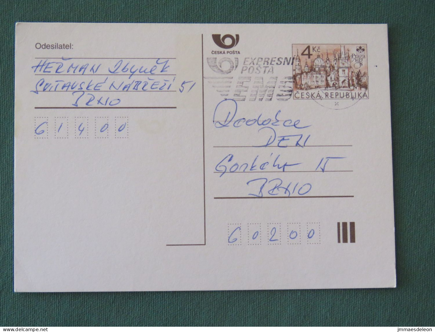 Czech Republic 1998 Stationery Postcard 4 Kcs "Prague 1998" Sent Locally From Brno, EMS Slogan - Lettres & Documents