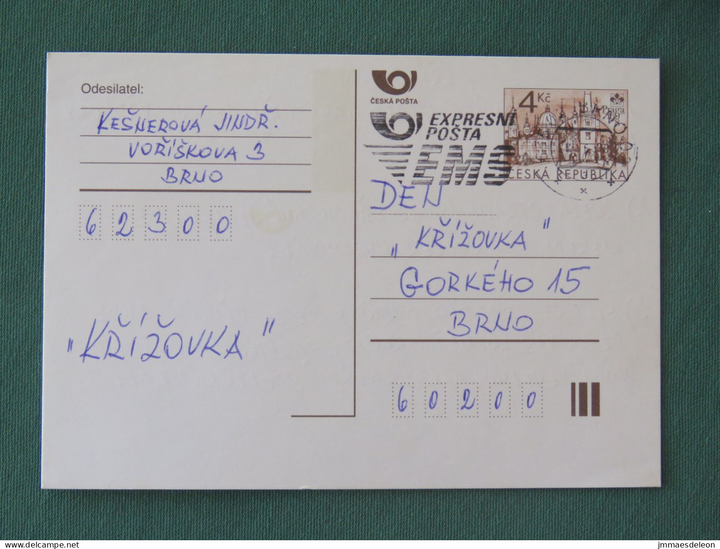 Czech Republic 1998 Stationery Postcard 4 Kcs "Prague 1998" Sent Locally From Brno, EMS Slogan - Lettres & Documents