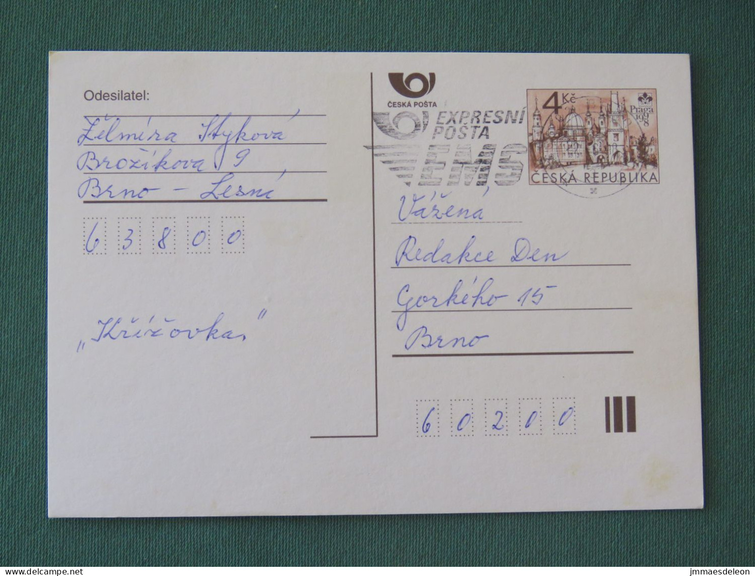 Czech Republic 1998 Stationery Postcard 4 Kcs "Prague 1998" Sent Locally From Brno, EMS Slogan - Cartas & Documentos