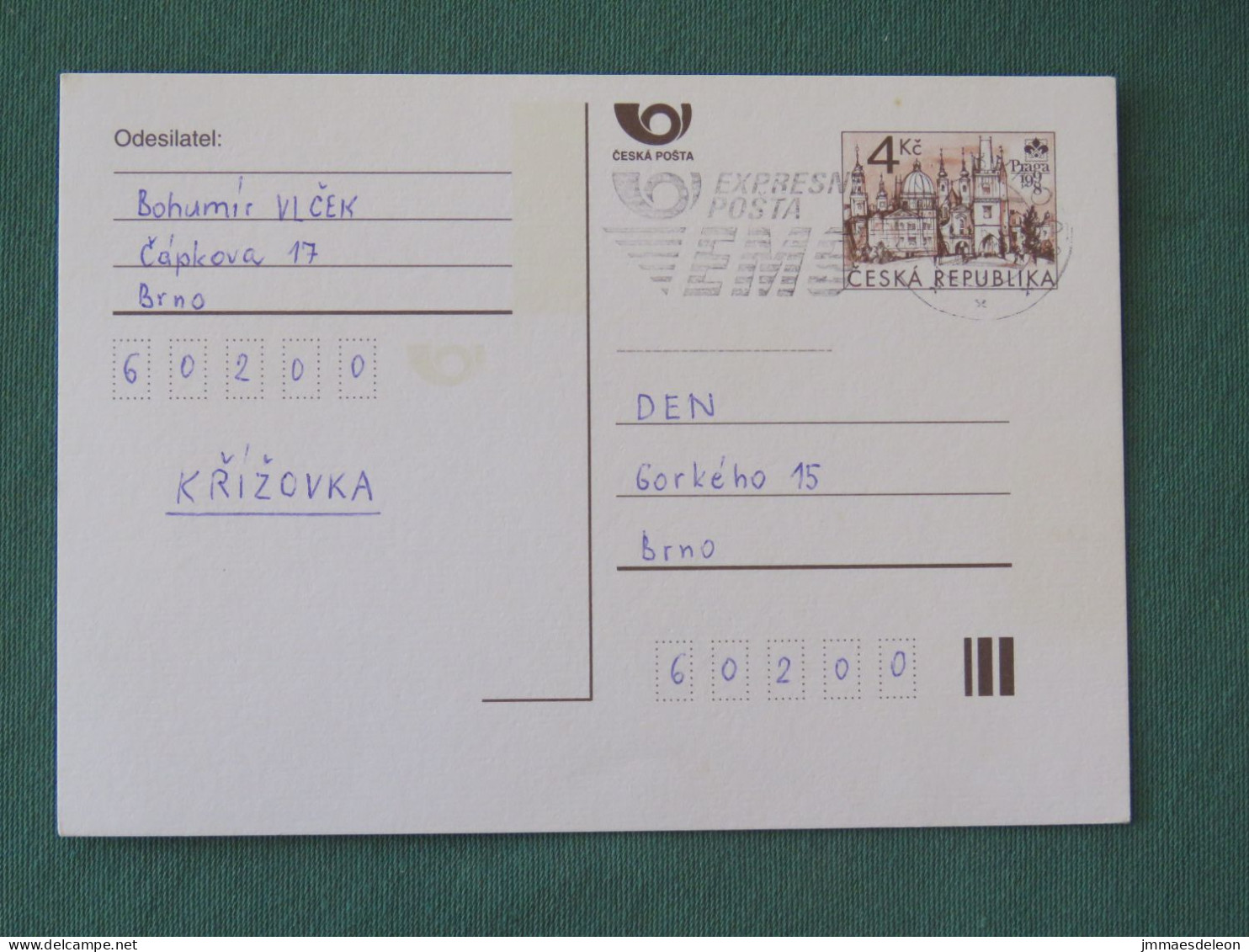 Czech Republic 1998 Stationery Postcard 4 Kcs "Prague 1998" Sent Locally From Brno, EMS Slogan - Lettres & Documents