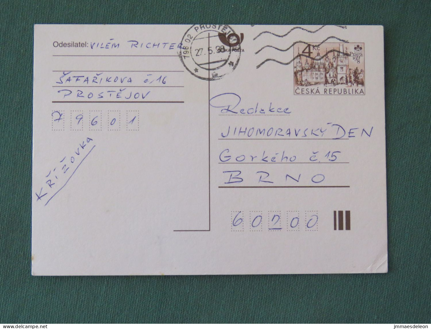 Czech Republic 1998 Stationery Postcard 4 Kcs "Prague 1998" Sent Locally - Briefe U. Dokumente