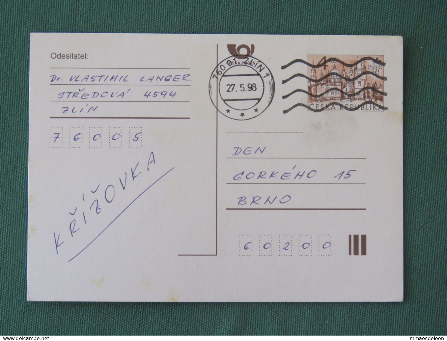 Czech Republic 1998 Stationery Postcard 4 Kcs "Prague 1998" Sent Locally - Lettres & Documents