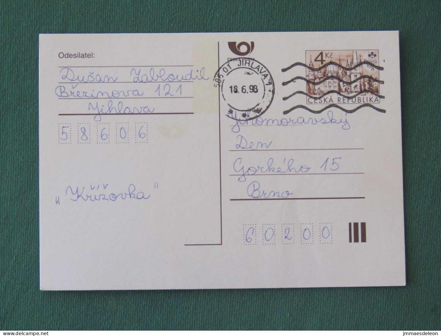 Czech Republic 1998 Stationery Postcard 4 Kcs "Prague 1998" Sent Locally - Lettres & Documents