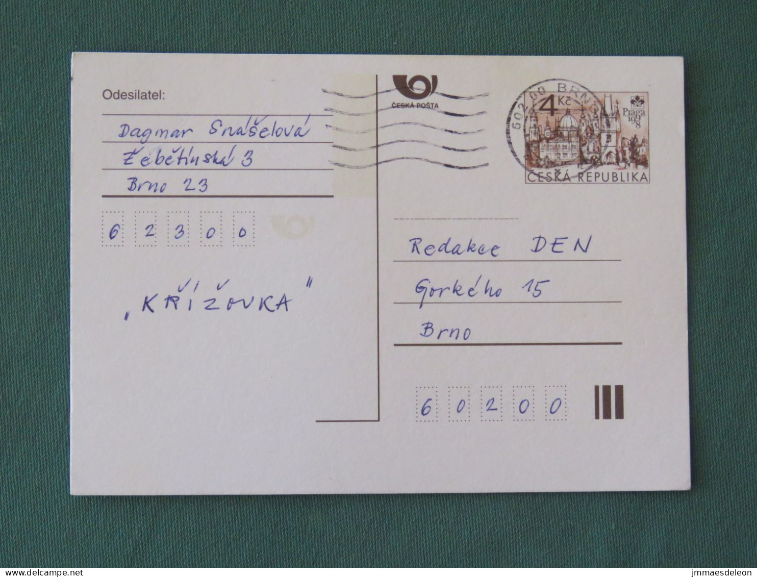 Czech Republic 1998 Stationery Postcard 4 Kcs "Prague 1998" Sent Locally - Lettres & Documents