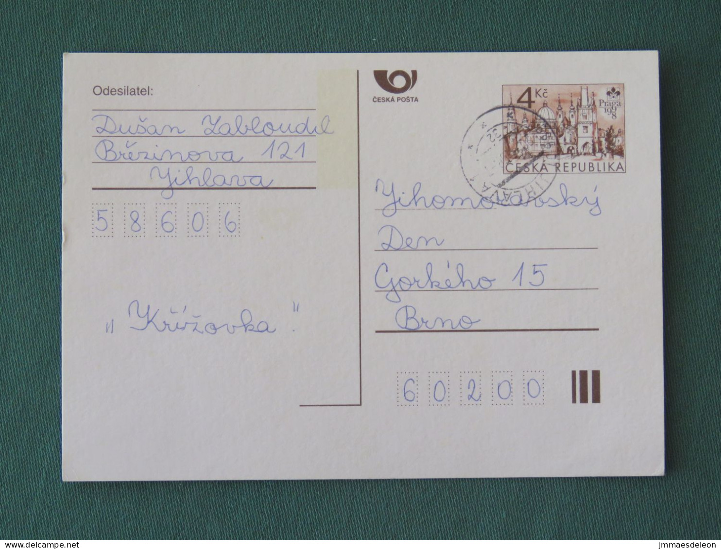 Czech Republic 1998 Stationery Postcard 4 Kcs "Prague 1998" Sent Locally - Covers & Documents