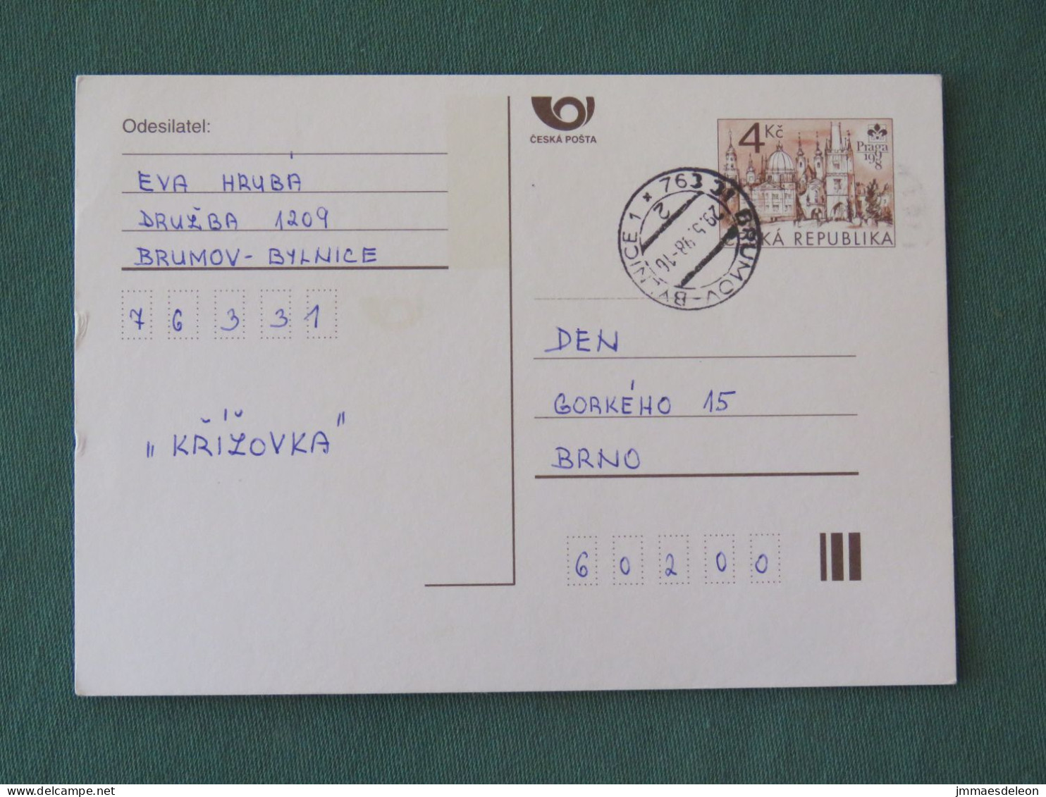 Czech Republic 1998 Stationery Postcard 4 Kcs "Prague 1998" Sent Locally - Brieven En Documenten