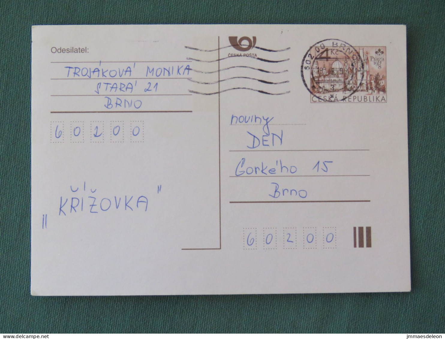 Czech Republic 1998 Stationery Postcard 4 Kcs "Prague 1998" Sent Locally - Briefe U. Dokumente