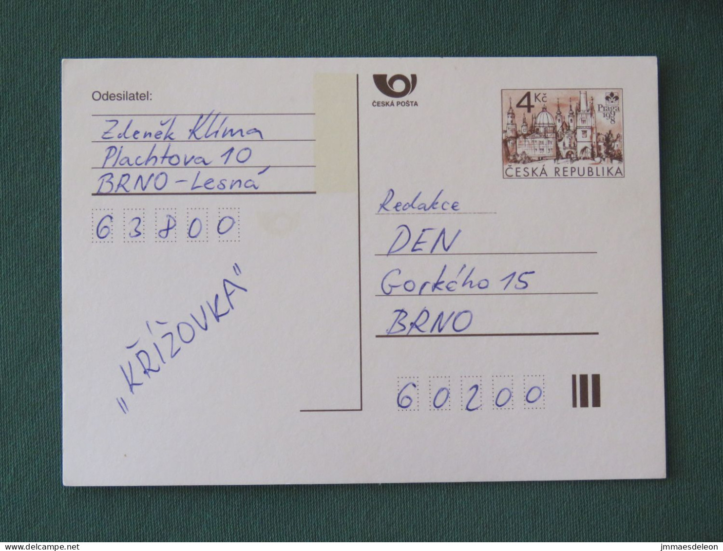 Czech Republic 1998 Stationery Postcard 4 Kcs "Prague 1998" Sent Locally - Lettres & Documents