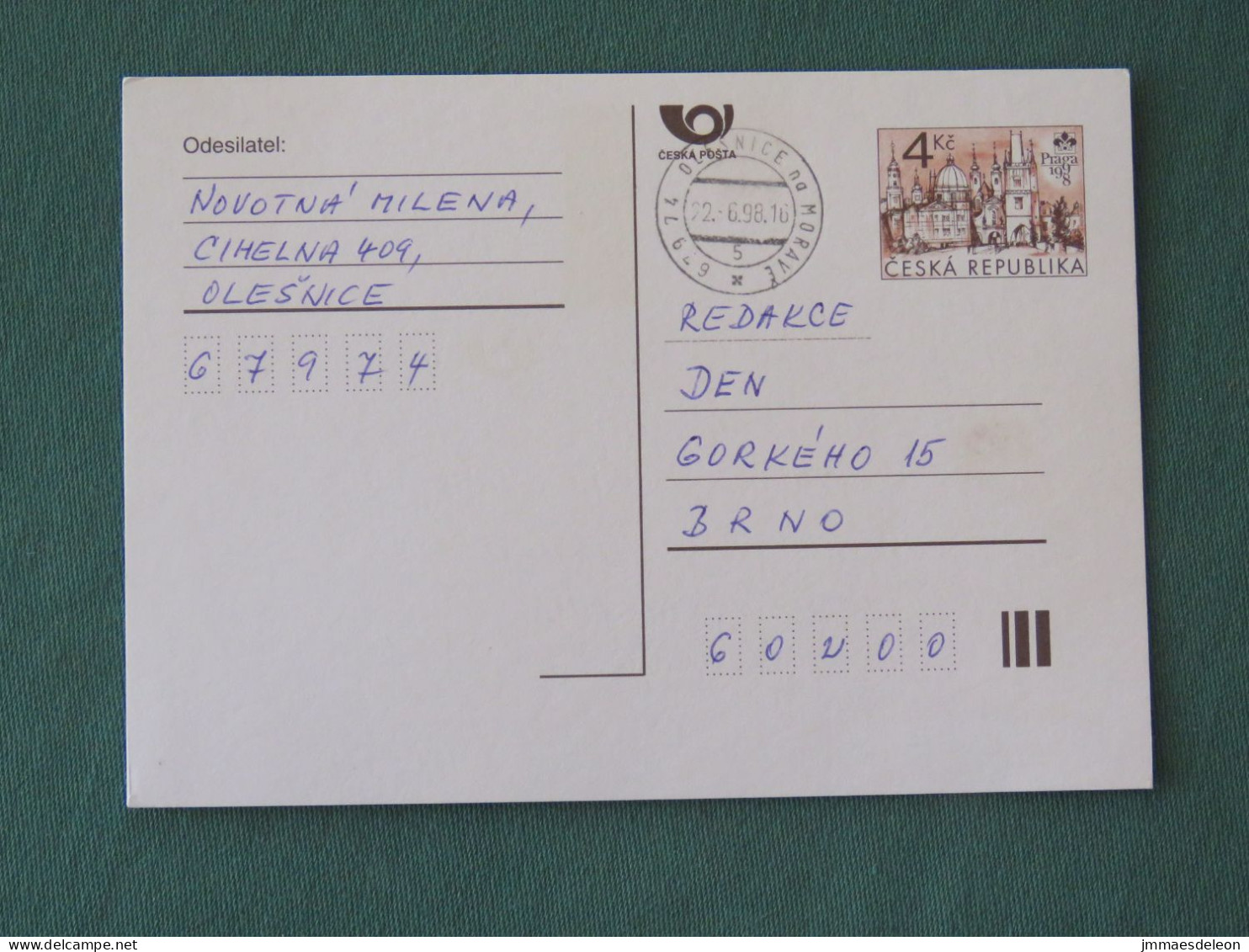 Czech Republic 1998 Stationery Postcard 4 Kcs "Prague 1998" Sent Locally - Cartas & Documentos