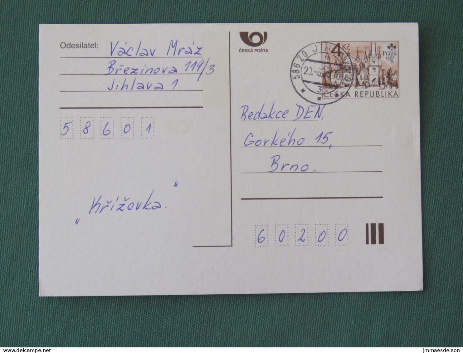 Czech Republic 1998 Stationery Postcard 4 Kcs "Prague 1998" Sent Locally - Brieven En Documenten