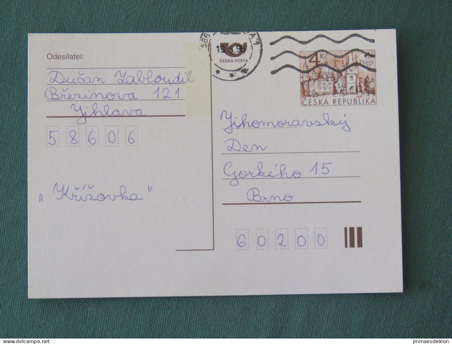 Czech Republic 1998 Stationery Postcard 4 Kcs "Prague 1998" Sent Locally - Briefe U. Dokumente