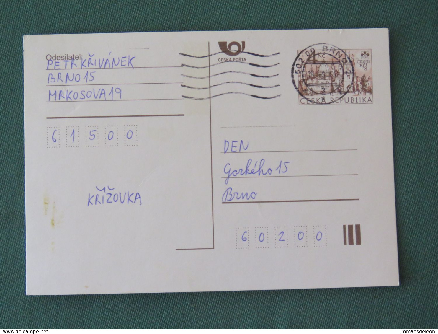 Czech Republic 1998 Stationery Postcard 4 Kcs "Prague 1998" Sent Locally - Briefe U. Dokumente