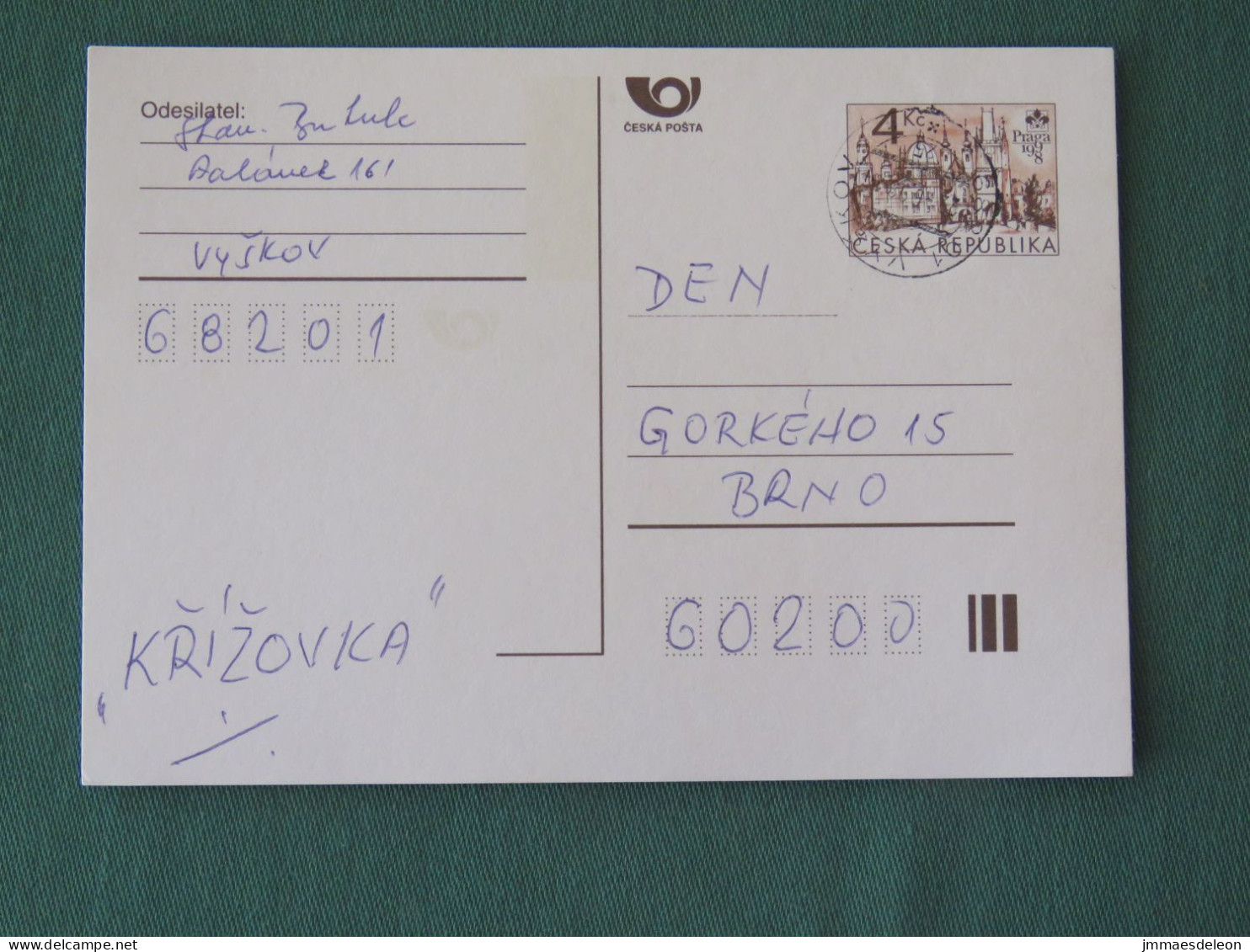 Czech Republic 1998 Stationery Postcard 4 Kcs "Prague 1998" Sent Locally - Covers & Documents