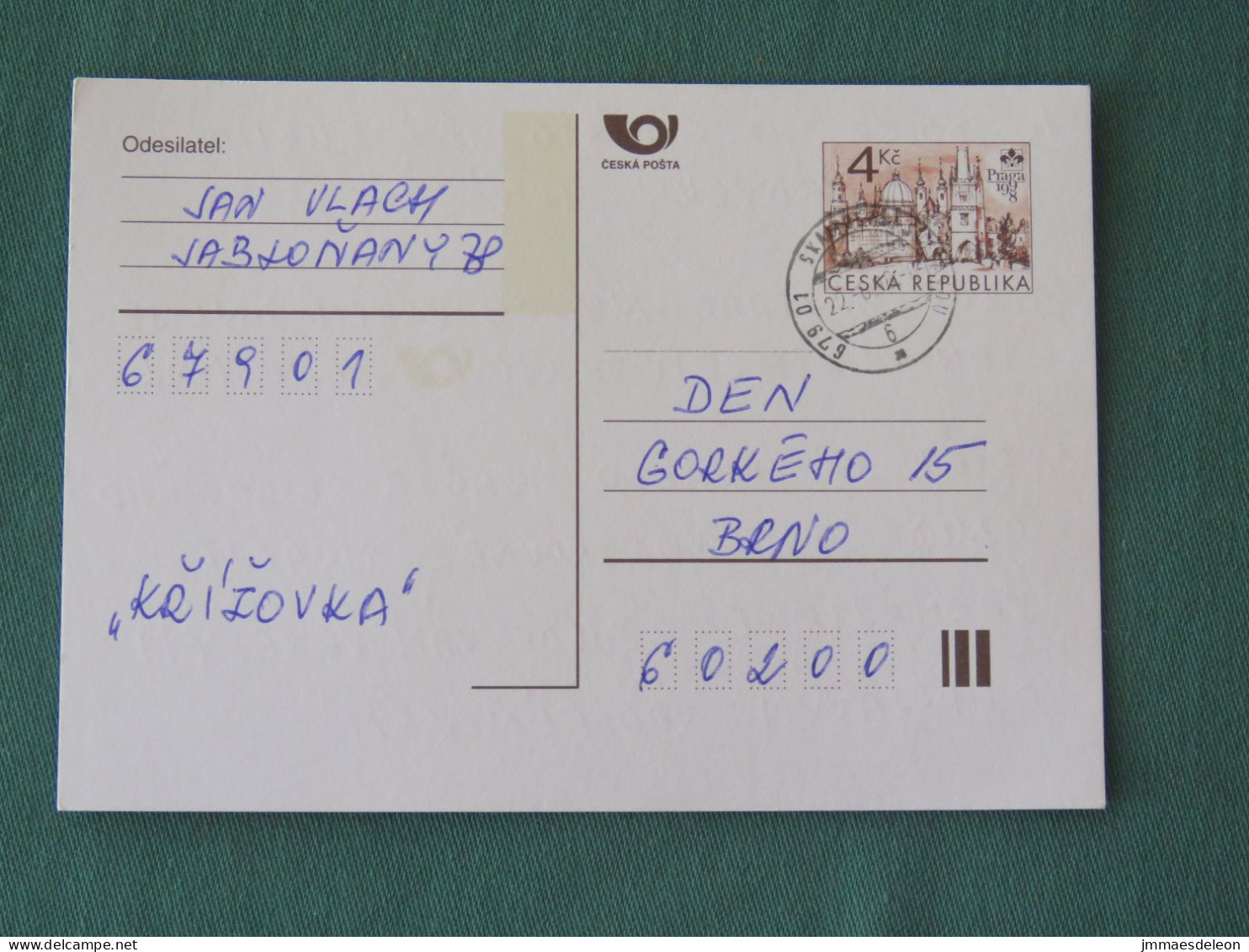 Czech Republic 1998 Stationery Postcard 4 Kcs "Prague 1998" Sent Locally - Lettres & Documents