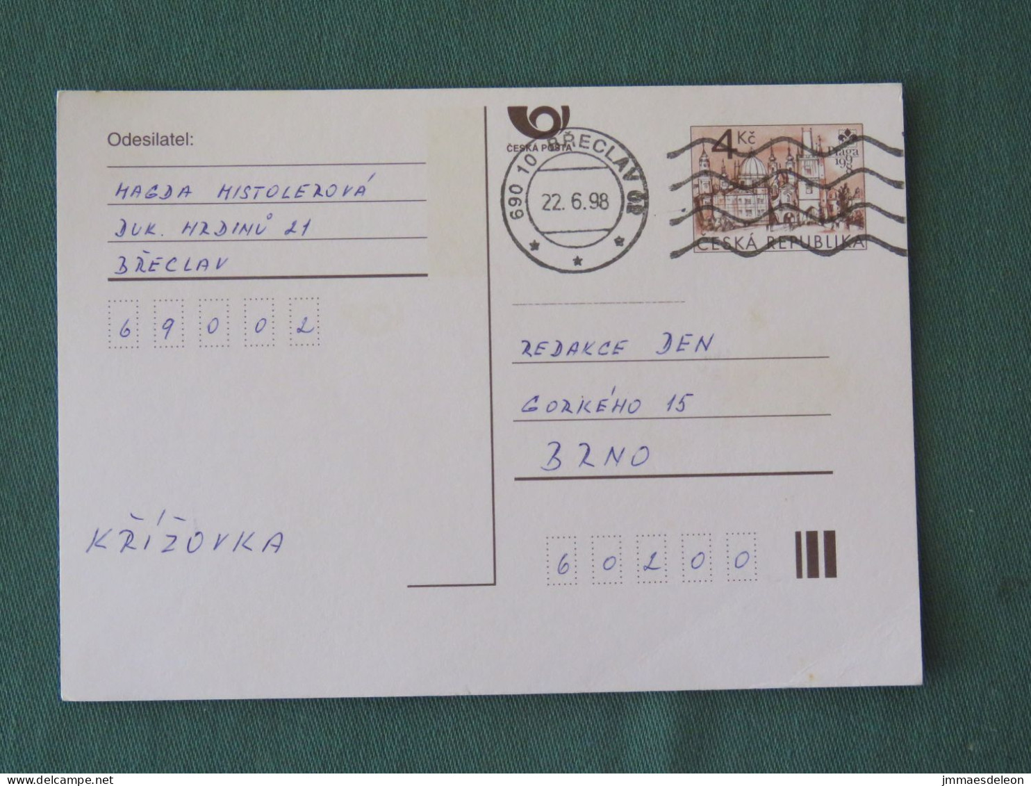Czech Republic 1998 Stationery Postcard 4 Kcs "Prague 1998" Sent Locally - Cartas & Documentos