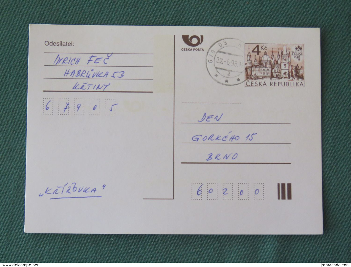 Czech Republic 1998 Stationery Postcard 4 Kcs "Prague 1998" Sent Locally - Lettres & Documents