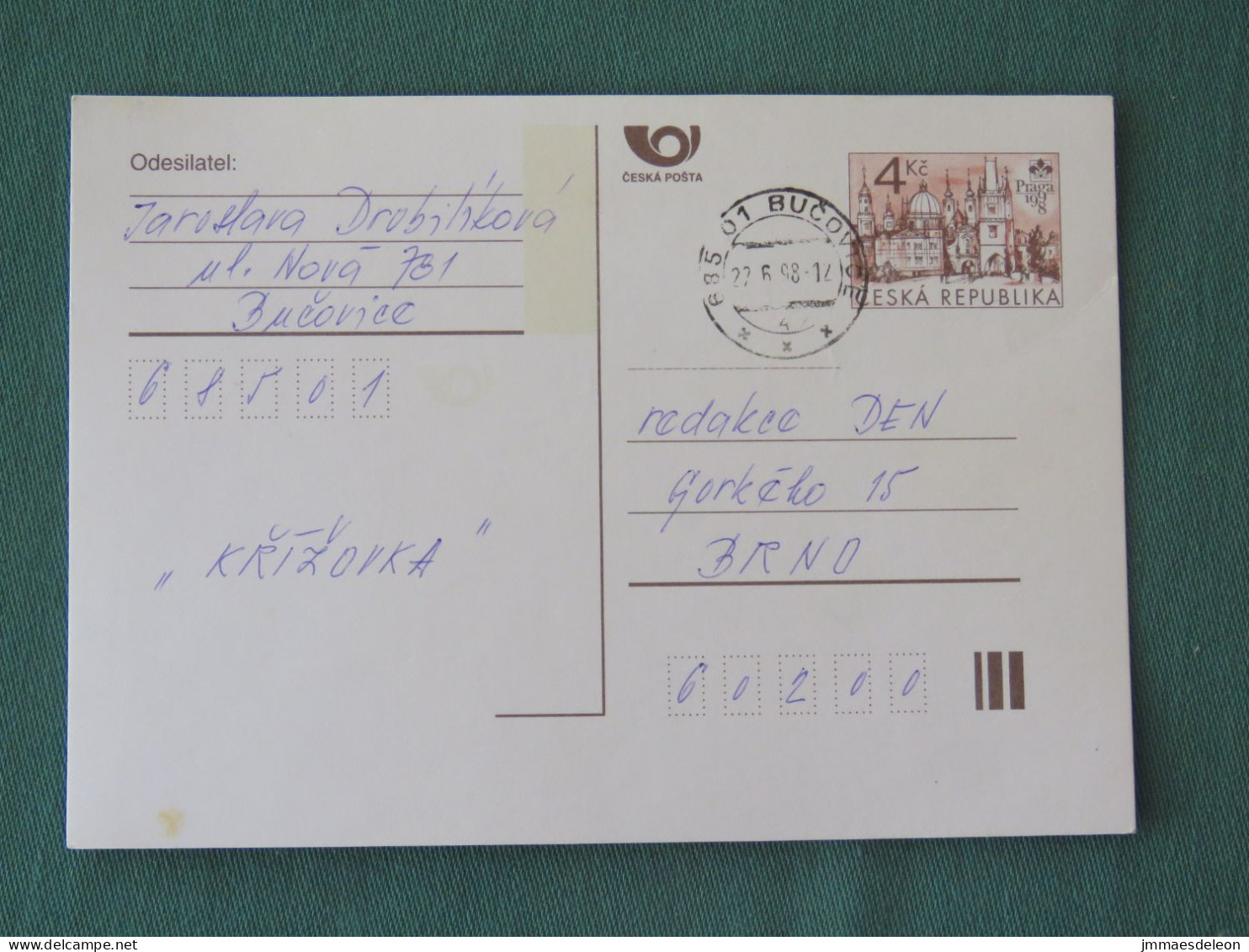 Czech Republic 1998 Stationery Postcard 4 Kcs "Prague 1998" Sent Locally - Lettres & Documents