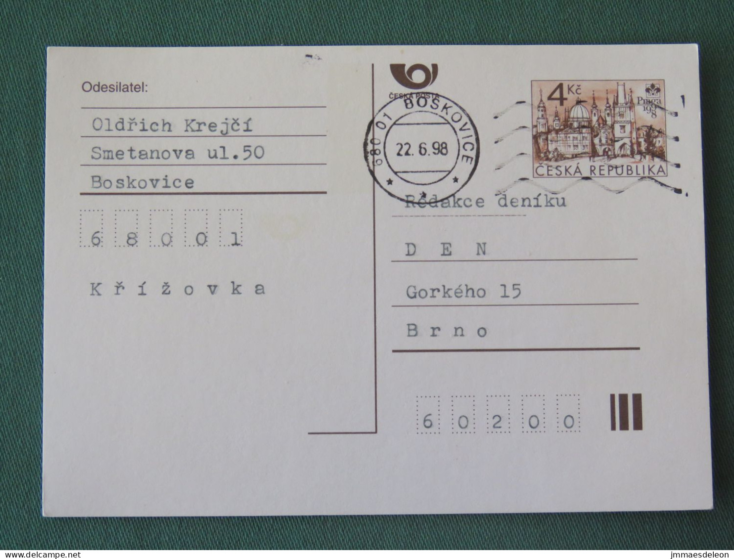 Czech Republic 1998 Stationery Postcard 4 Kcs "Prague 1998" Sent Locally - Cartas & Documentos