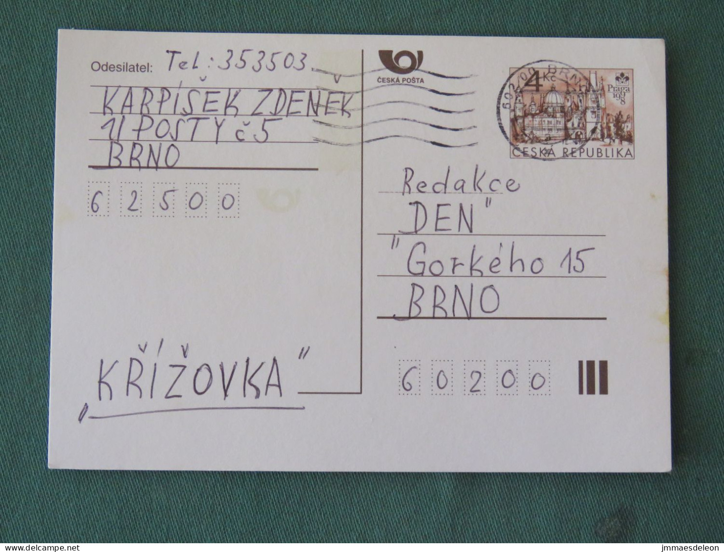 Czech Republic 1998 Stationery Postcard 4 Kcs "Prague 1998" Sent Locally - Covers & Documents