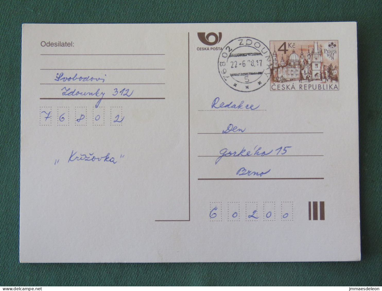 Czech Republic 1998 Stationery Postcard 4 Kcs "Prague 1998" Sent Locally - Lettres & Documents