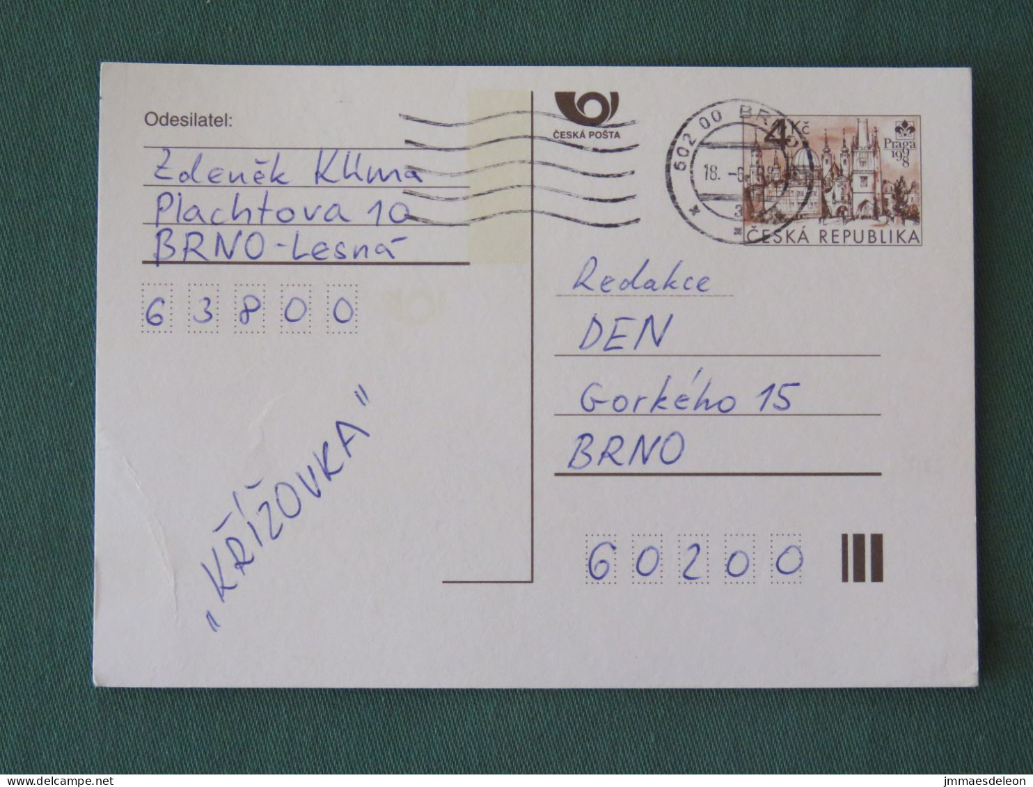 Czech Republic 1998 Stationery Postcard 4 Kcs "Prague 1998" Sent Locally - Lettres & Documents