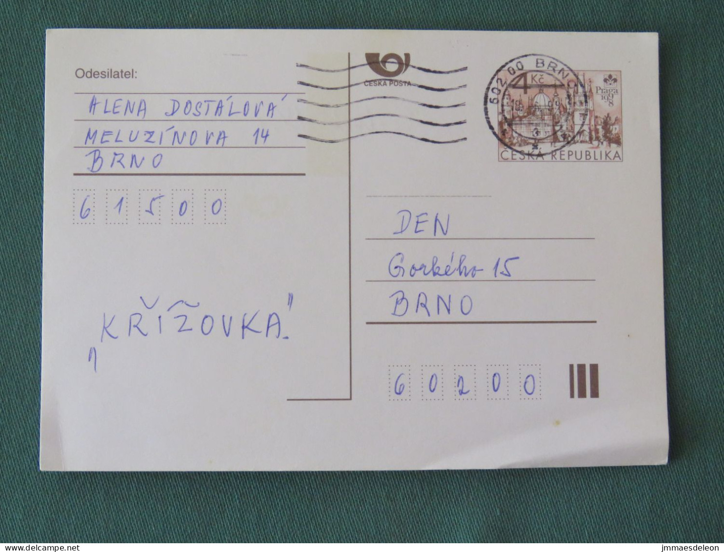 Czech Republic 1998 Stationery Postcard 4 Kcs "Prague 1998" Sent Locally - Briefe U. Dokumente