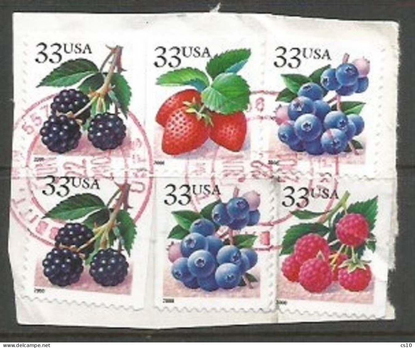 USA Berries BKLT P.11.50 With Date 2000 Cpl Issue (4v+2 Doubles)  In VFU Condition Used 22jun2001 On The Same Piece - Usati