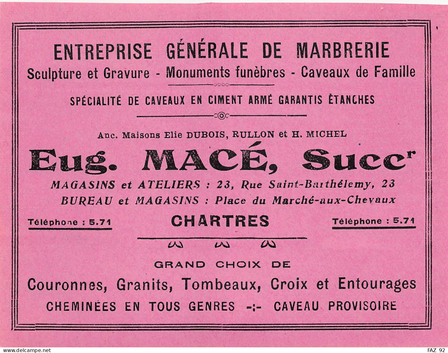 Chartres - Marbrerie Eug. Macé - Publicités