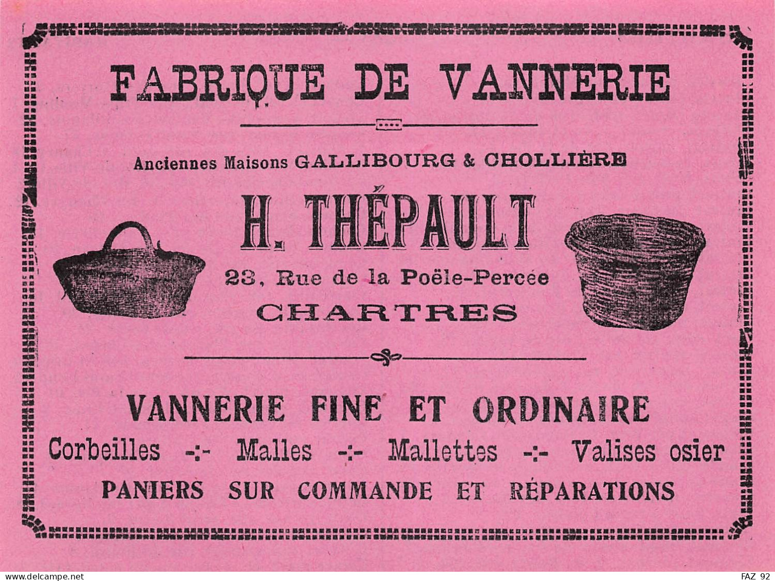 Chartres - Rue De La Poële Percée - Fabrique De Vannerie - H. Thépault - Publicités