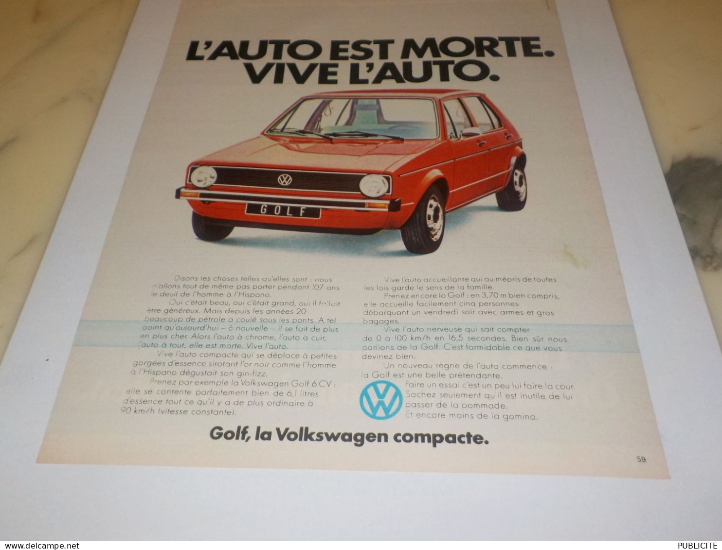 ANCIENNE PUBLICITE L AUTO EST MORTE VIVE L AUTO GOLF 1975 - Publicités