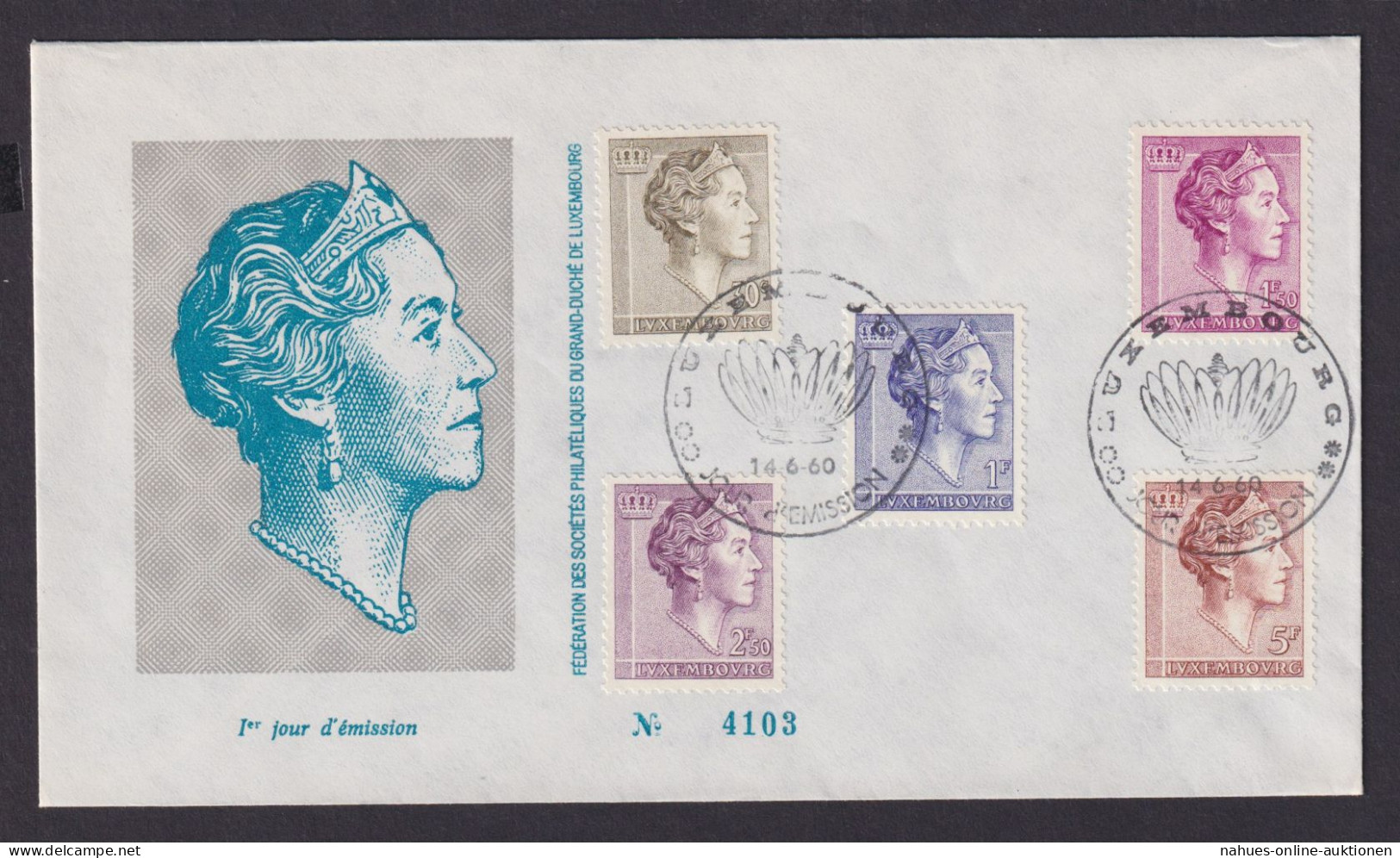 Luxemburg 623 + 625-628 Großherzogin Charlotte Brief FDC Vom 14.6.1960 - Brieven En Documenten