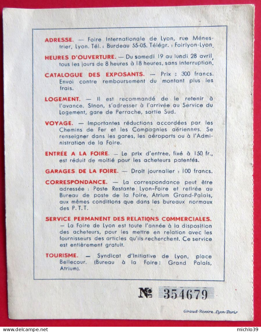 Carte D'invitation à La Foire Internationale De LYON Du 19 Au 28 Avril 1952 Coopérative "Banyuls L'Etoile" - Biglietti D'ingresso