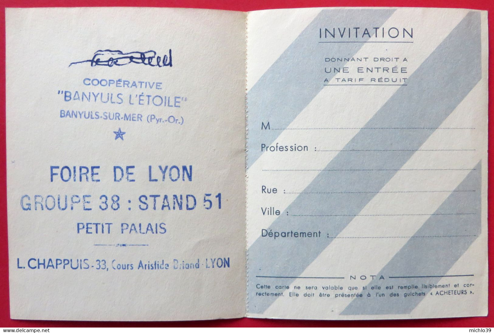 Carte D'invitation à La Foire Internationale De LYON Du 19 Au 28 Avril 1952 Coopérative "Banyuls L'Etoile" - Biglietti D'ingresso