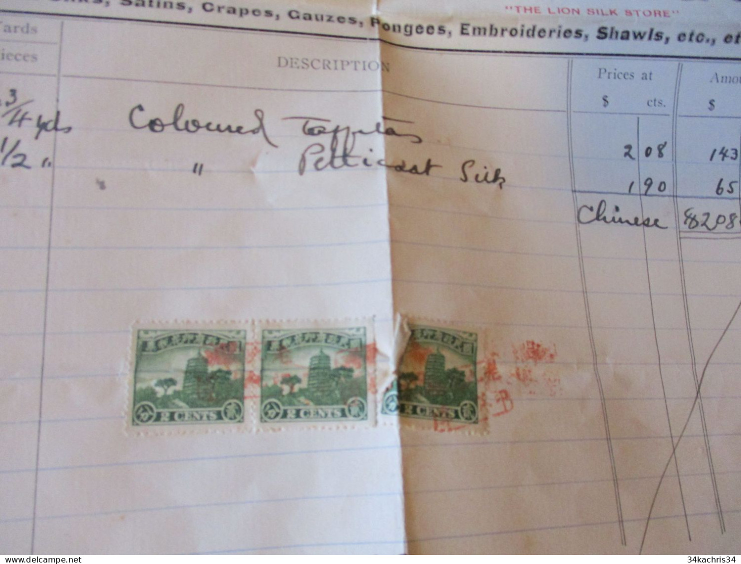 Chine China 3 Stamps Fiscaux Sur Facture Laou Kiu Luen Shanghaï - 1912-1949 Republik