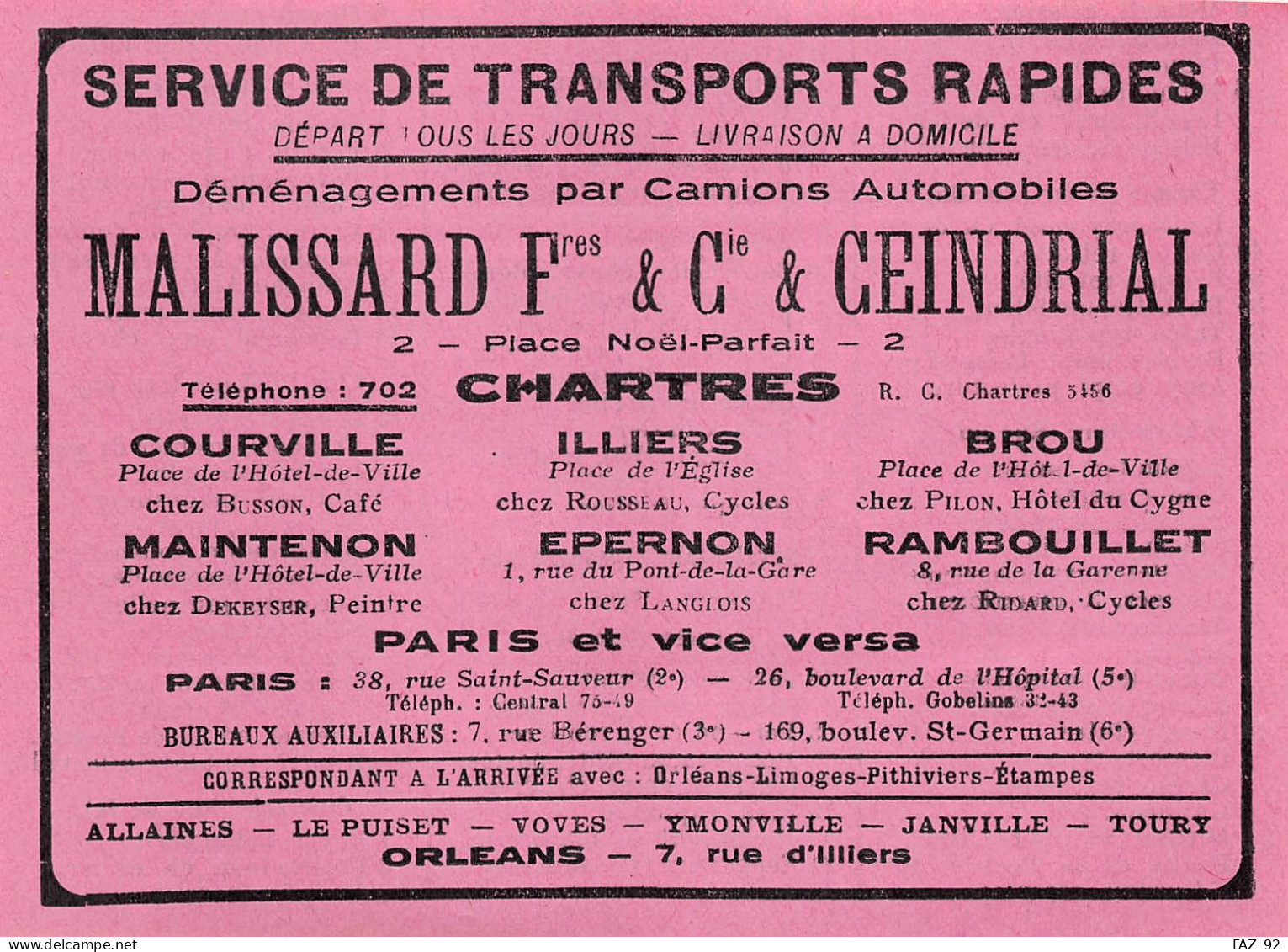 Chartres - Service De Transports Rapides - Malissard Fre & Cie & Ceindrial - Publicités