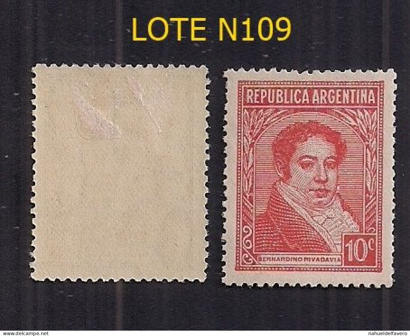 ARGENTINE 1935/52 PROCERES Y RIQUEZAS GJ 796 10c RIVADAVIA TYPOGRIAFIED MATE IMPORTÉ AVEC RESTE DE CHARNIÈRE - Neufs