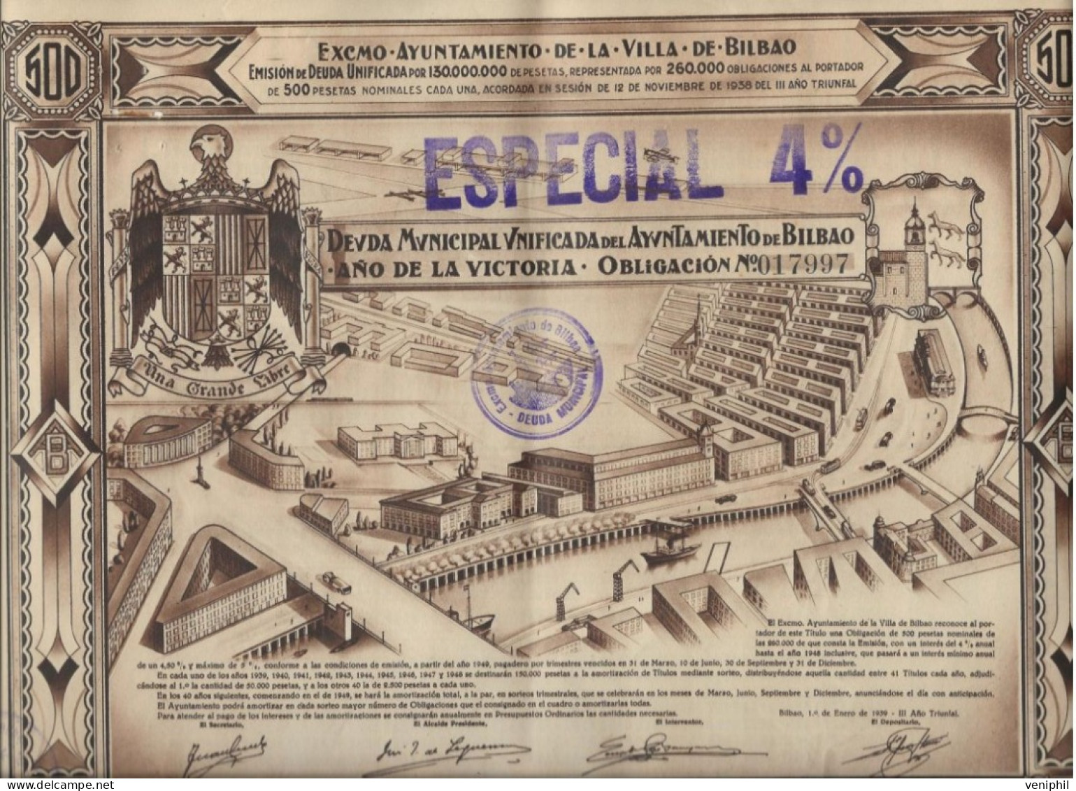 ESPAGNE - OBLIGATION 500 PESETAS -DETTE MUNICIPALE UNIFIEE  DE LA MAIRIE DE BILBAO  -ANNEE 1939 - Altri & Non Classificati